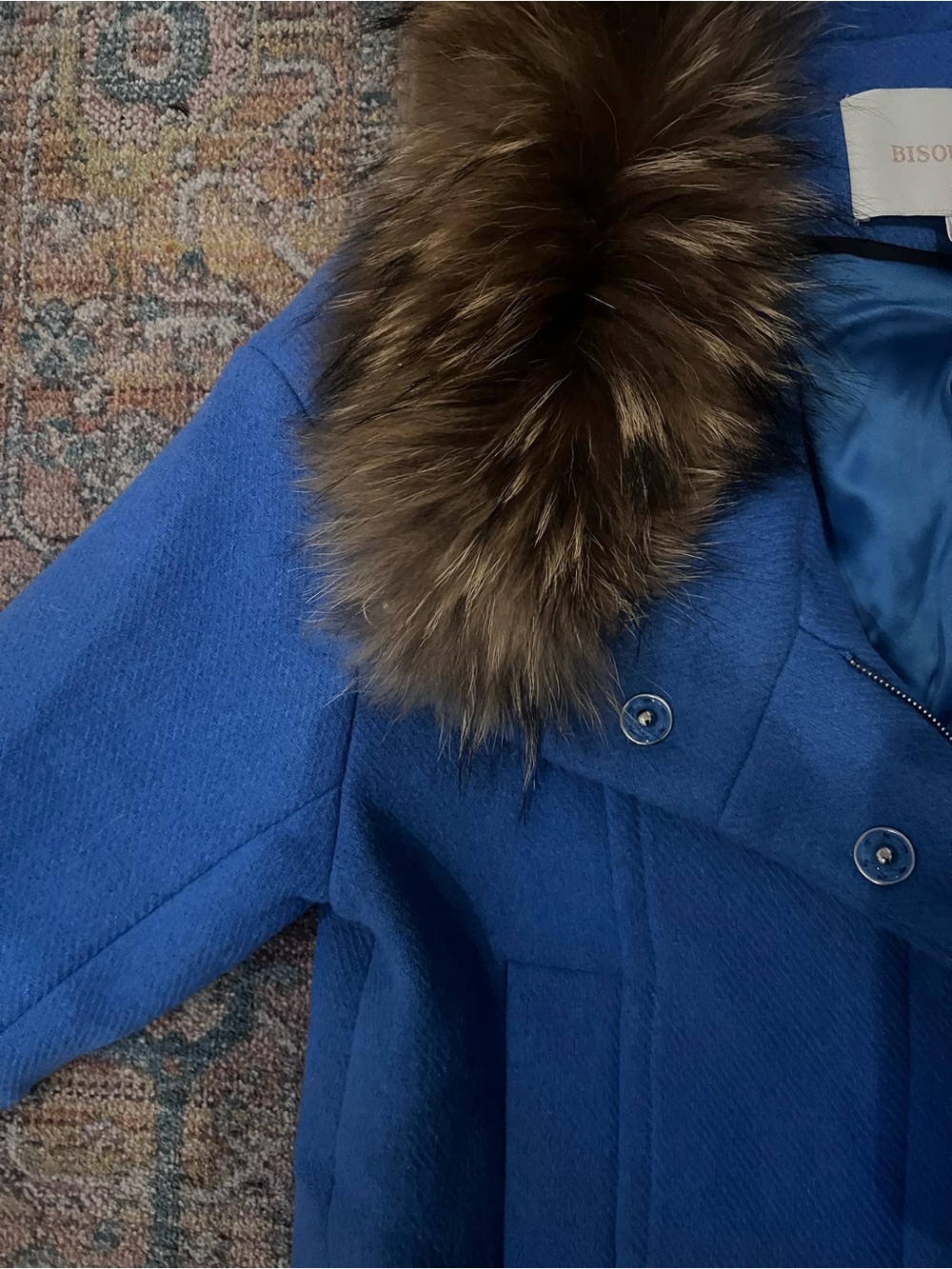 Royal Blue Wool Coat with Brown Fur Collar